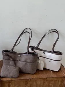 Mode Femmes Toile Cuir PU Patchwork Grande Capacité Sac à Bandoulière Minimaliste Sac Sous le Bras Avec Mini Pochette Style Coréen Sac de Trajet