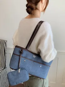Sac cabas en toile élégant pour femmes, sac à épaule décontracté avec petite pochette assortie.