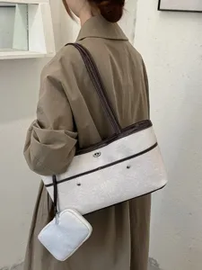 Sac bandoulière décontracté en toile avec bordure en cuir et petite pochette pour femme