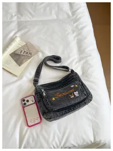 Casual denim crossbody bag for women, multi-compartment shoulder bag with cute cat embroidery.
