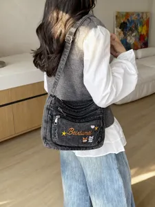 Fashion multi-compartment denim crossbody bag cute embroidered casual shoulder bag for women