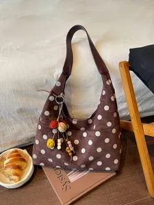 Vintage Polka Dot Underarm Shoulder Bag For Women Large Capacity Suede Look PU Tote Bag With Colorful Pendant Casual Daily Purse