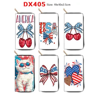 Women's Long Zipper Wallet PU Leather Printed Clutch Purse Card Holder American Flag Cherry Design Fashion Wallet