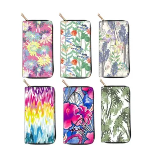 Long PU zipper wallet with colorful floral and tropical print, 6 stylish variants.