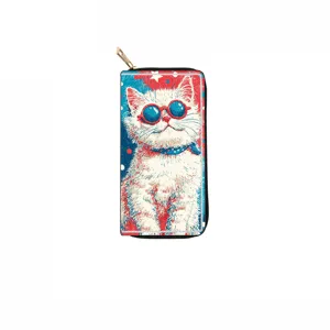 Long zippered wallet featuring a cool cat print design, premium PU leather clutch purse for women.