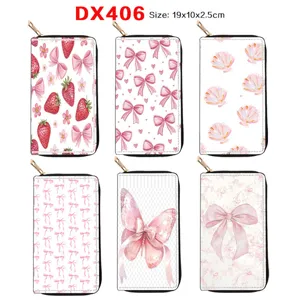 Women Long Zipper Wallet PU Leather Cute Bow Strawberry Shell Print Clutch Purse Fashion Daily Handbag Card Holder