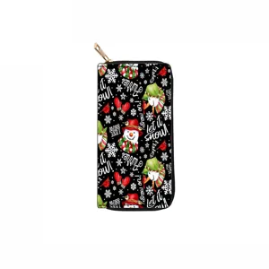 Portafoglio lungo con zip natalizio da donna, design nero con stampa di pupazzo di neve.
