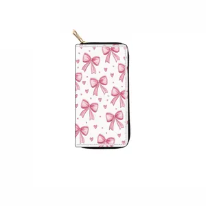 Chic pink bow print long zipper wallet for women, stylish faux leather clutch purse everyday use.
