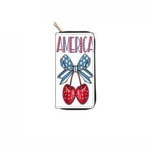 American flag theme long zipper wallet with cute cherry and bow print, stylish clutch purse for women.