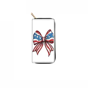 Long zip wallet clutch purse with patriotic stars and stripes bow print design for women.