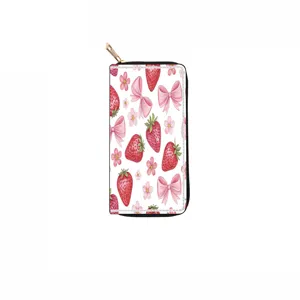 Watercolor strawberry and pink bow print long zipper wallet clutch purse for daily use.
