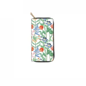 Detailed view of long PU leather zip wallet featuring colorful botanical floral print design.