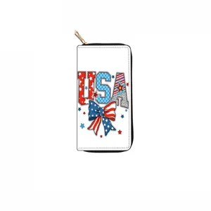 USA flag print long zipper wallet for women, patriotic themed pu leather clutch.