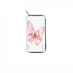 Pink butterfly long zippered wallet with cute ribbon design, stylish clutch purse.