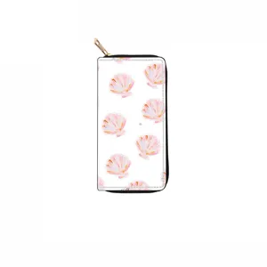 Long zipper wallet with pink seashell print, stylish PU leather clutch purse for women.