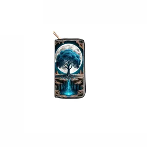 Long zipper wallet clutch with fantasy blue tree and full moon print design for women.