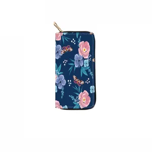Floral print long PU zipper wallet for women, stylish clutch purse with card slots.