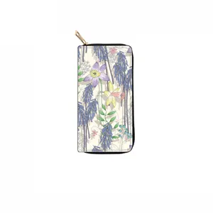 Botanical print long PU zip wallet floral clutch purse with elegant flowers design.
