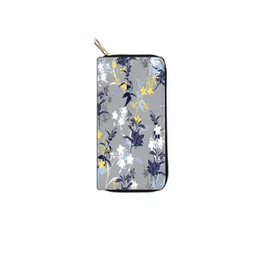 Close-up detail of the long floral printed PU wallet zipper closure design and pattern texture.
