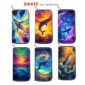 Women Long PU Leather Wallet Fashion Ocean Whale Starry Sky Print Zipper Handbag Large Capacity Card Holder Purse