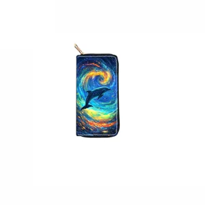 Ocean dolphin starry night print long zippered wallet clutch purse, detailed view of purse design.