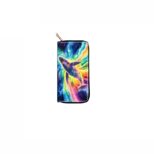 Long zip wallet with vibrant cosmic whale print, stylish clutch purse for women and girls daily use.