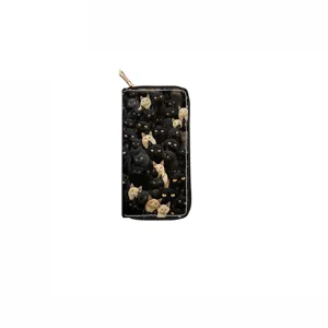 Cute cat print long zipper wallet for women, stylish clutch purse with multiple cat art.