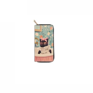 Long zip wallet with cute black cat bath illustration, stylish clutch purse for daily use.