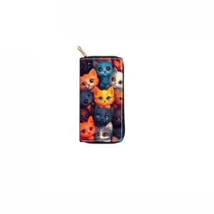 Close up view of the cute colorful cat print long zipper wallet detailed craftsmanship.