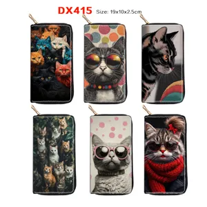 Damen Langes PU Leder Portemonnaie Reißverschluss Geldbörse Süße Cartoon Katze Wal Druck Kartenhalter Handtasche