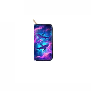 Long zippered wallet featuring a stunning space nebula and shark print design for daily use.