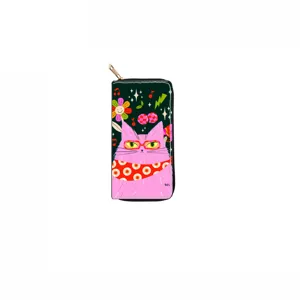 Detailed close-up view of the long zipper wallet featuring a cute pink cat art print design.