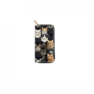 Detailed close-up of a stylish long zipper wallet featuring a cute all-over cat print design.