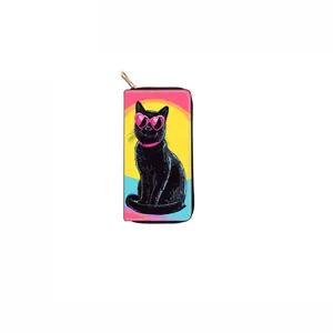 Cute black cat print long zipper wallet, stylish pink heart glasses design, PU leather clutch purse.