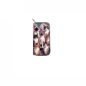 Cute cat print PU long zipper wallet, stylish and functional purse for animal lovers.