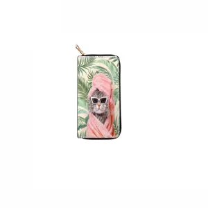 Cute cat print long zipper wallet with tropical leaf design, stylish PU leather clutch purse.