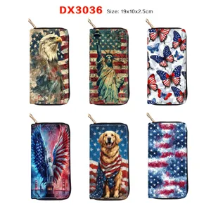 Women PU Leather Long Wallet American Flag Eagle Statue Of Liberty Print Zipper Clutch Purse Vintage Daily Handbag