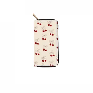 Cherry bow print long zipper wallet detail view, cute vintage style faux leather clutch purse.