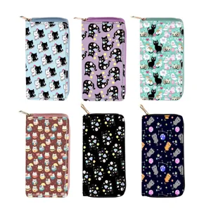 Women PU Leather Long Wallet Cute Cat Print Zipper Card Holder Purse Fashion Casual Clutch Purse Daily Handbag
