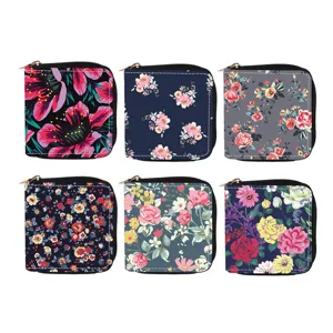 Floral print short PU leather zipper wallet coin purse card holder for daily use stylish.