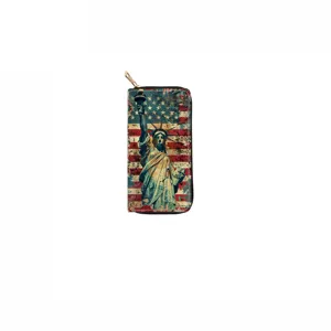 Vintage USA flag Statue of Liberty print PU leather long zip wallet clutch purse for women.