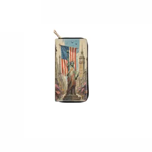 Long zip wallet PU leather purse with Statue of Liberty scenic print for daily women fashion use.