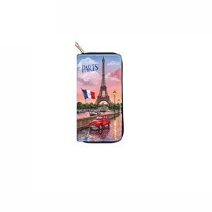Long PU leather zipper wallet with Paris Eiffel Tower scenic print for women fashion daily use