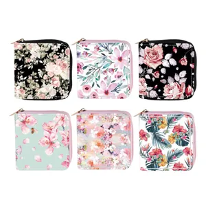 Floral short PU leather zipper wallet coin purse featuring multiple flower print designs.