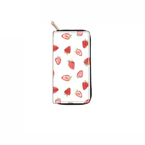 Cute watercolor strawberry print long zipper wallet clutch purse for casual daily use.