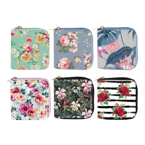 Floral short PU leather zipper wallet, multi-color botanical print small purse and clutch.