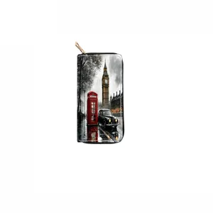 London scenery print PU leather long zipper wallet with smooth metal puller and card slots detail.