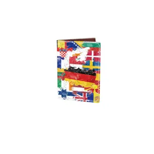 Travel passport holder with unique country flags print, stylish document organizer cover.