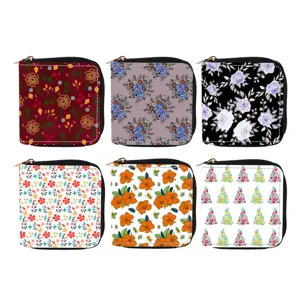 Women's short PU leather zipper coin purse featuring multiple colorful floral print designs.