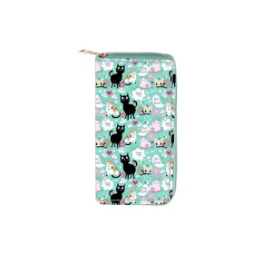 Cute cartoon cat print PU leather long zipper wallet for women, stylish card holder purse.